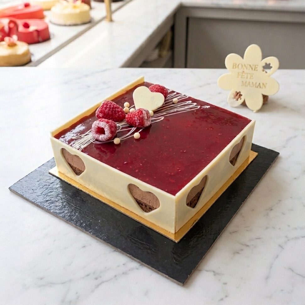 Gâteau Fête des Mères : entremet chocolat lait, framboise et cassis 1 entremets fête des mères chocolat framboise Maison Bettant Villeurbanne