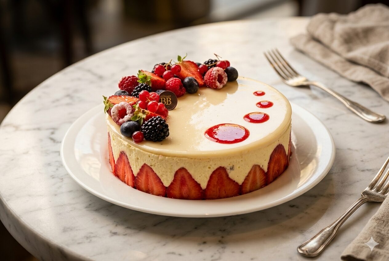 Fraisier Maison Bettant Villeurbanne — coupe entremet avec fraises françaises et crème mousseline vanillée