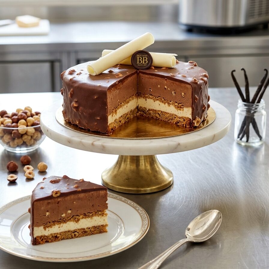 Coupe du dessert glacé Gianduja Maison Bettant — biscuit noisettes grillées, glace gianduja et crémeux vanille