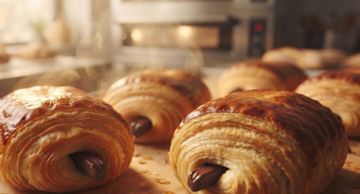 pains au chocolat chauds sortant du four