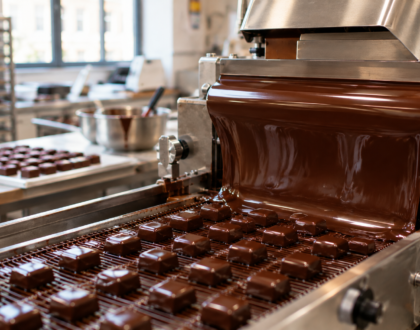 Comment se fabrique un chocolat artisanal : les bonbons de notre atelier, étape par étape 5 Enrobeuse déposant un rideau de chocolat noir tempéré sur des bonbons de chocolat posés sur un tapis