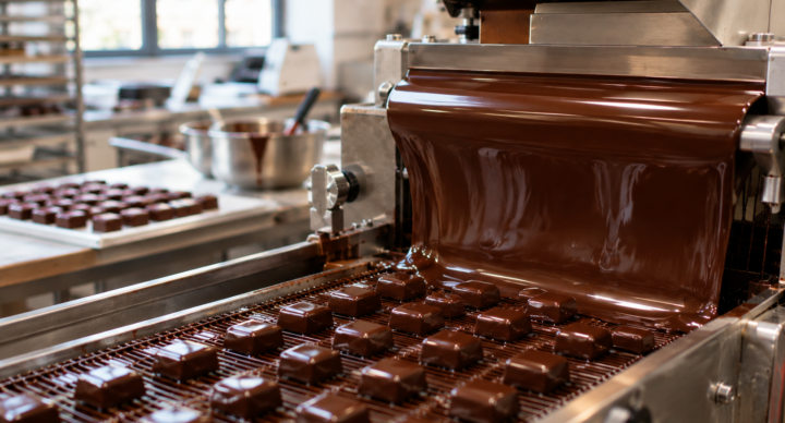 Enrobeuse déposant un rideau de chocolat noir tempéré sur des bonbons de chocolat posés sur un tapis