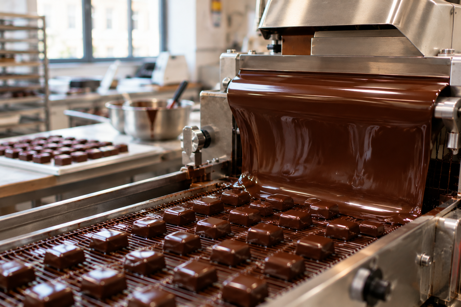 Comment se fabrique un chocolat artisanal : les bonbons de notre atelier, étape par étape 1 Enrobeuse déposant un rideau de chocolat noir tempéré sur des bonbons de chocolat posés sur un tapis