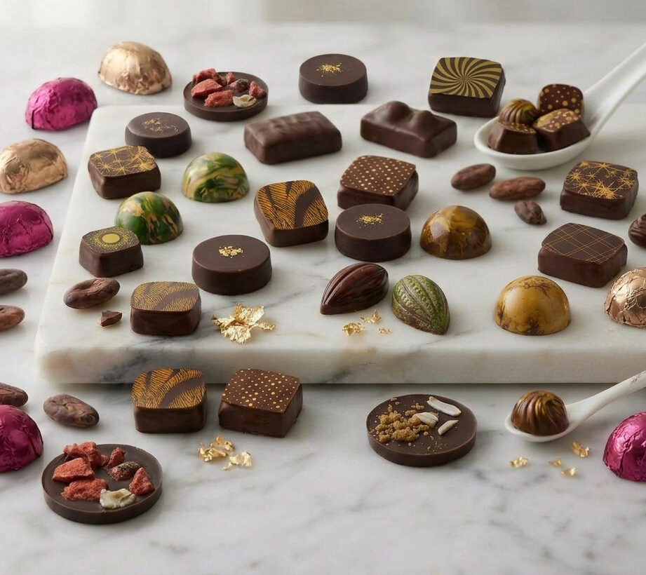 Comment se fabrique un chocolat artisanal : les bonbons de notre atelier, étape par étape 5 Assortiment de bonbons de chocolat noir et lait décorés de feuilles d'or, de fruits secs et de papiers colorés, posés sur un plateau de marbre