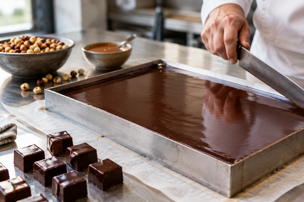 Comment se fabrique un chocolat artisanal : les bonbons de notre atelier, étape par étape 3 Ganache au chocolat noir coulée dans un cadre métallique, découpée en carrés au couteau, noisettes et caramel à côté