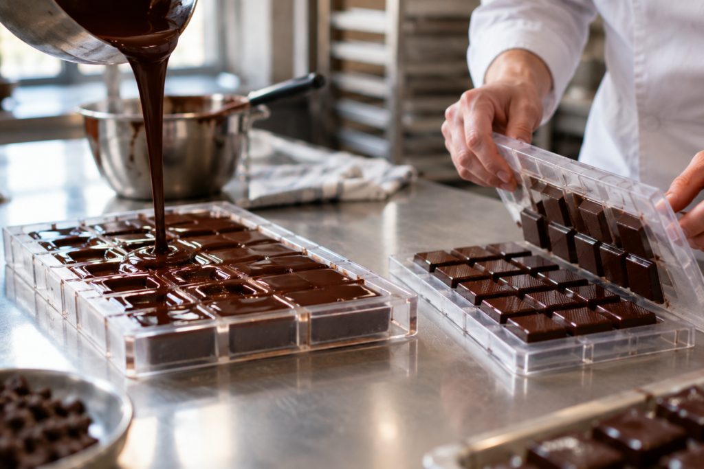 Comment se fabrique un chocolat artisanal : les bonbons de notre atelier, étape par étape 4 Moule en polycarbonate rempli de chocolat tempéré, à côté de tablettes de chocolat noir démoulées