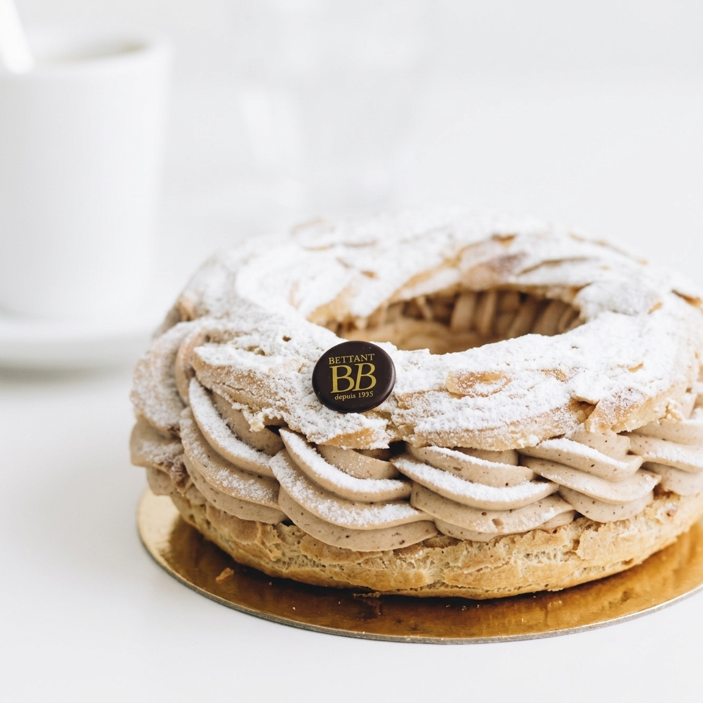 Paris-Brest Maison Bettant saupoudré de sucre glace, crème pralinée en rosace, sur un support doré