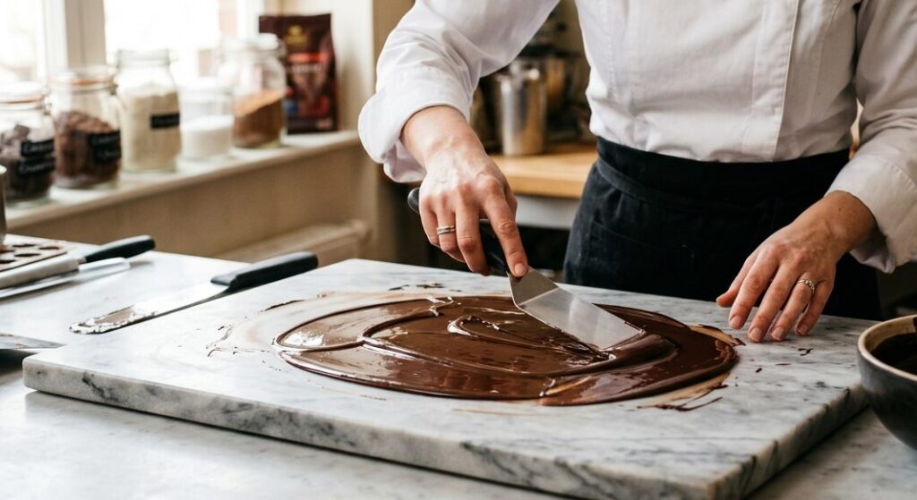 Comment se fabrique un chocolat artisanal : les bonbons de notre atelier, étape par étape 2 Chocolatier tempérant du chocolat noir sur un plan de marbre à la spatule, sonde thermomètre posée à côté
